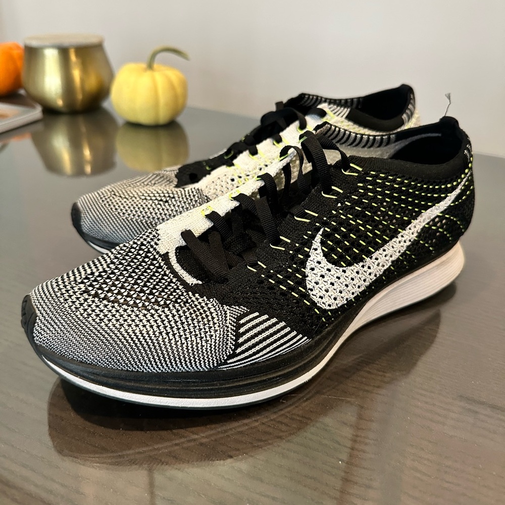 Nike Black White Volt Flyknit Racer Sneakers